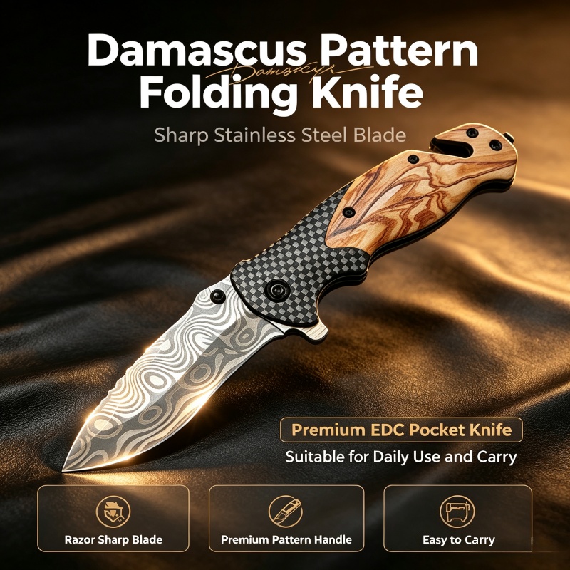 Edc Daily Carry - سكين قابل للطي بنمط دمشقي، شفرة
